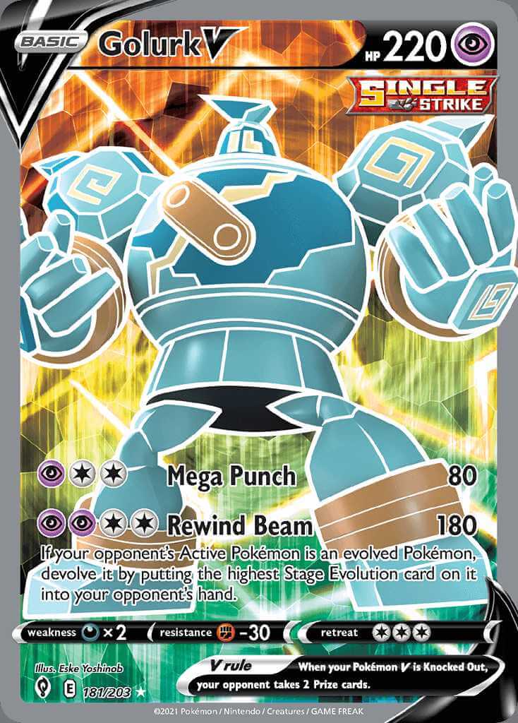 Toine Lay on X: Golurk V (Single Strike) PCC - Mega Punch 80 PPCC - Rewind  Beam 180 If your opponent's Active Pokémon is an evolved Pokémon, devolve  it by putting the